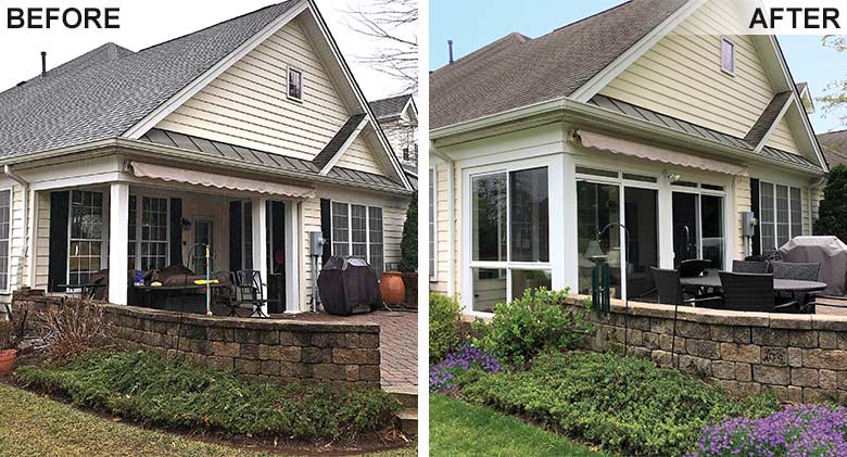 A covered patio was converted to a three season room to extend seasonal use and provide protection from the elements.