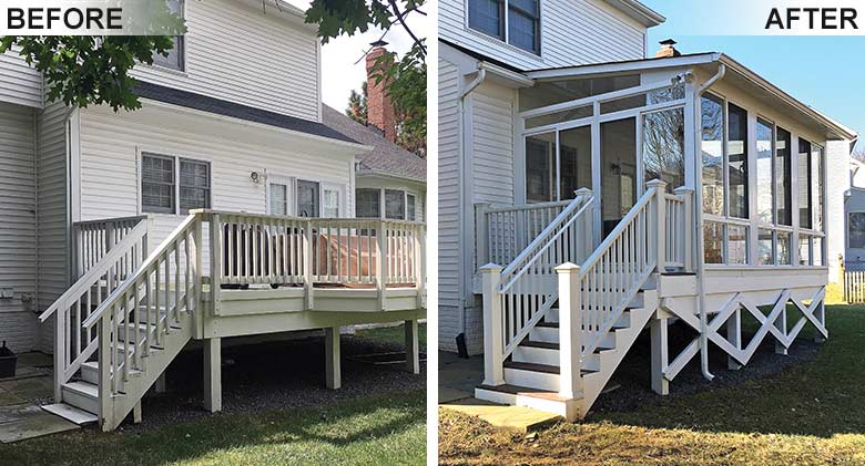 A three-season room with single-slope roof built on top of an existing deck.