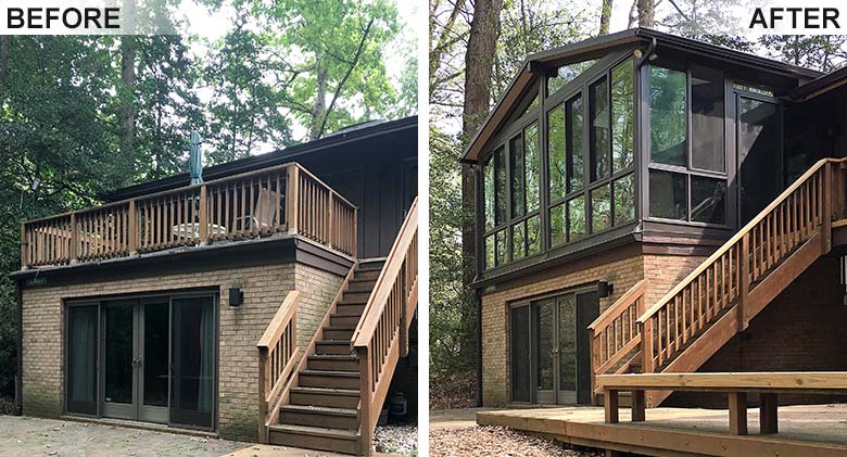 An Elite three season room with gable roof replaces an open second-story deck.