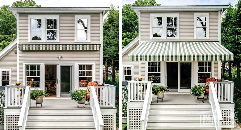 Side-by-side images of a home with a retractable awning: closed on the left, open on the right.